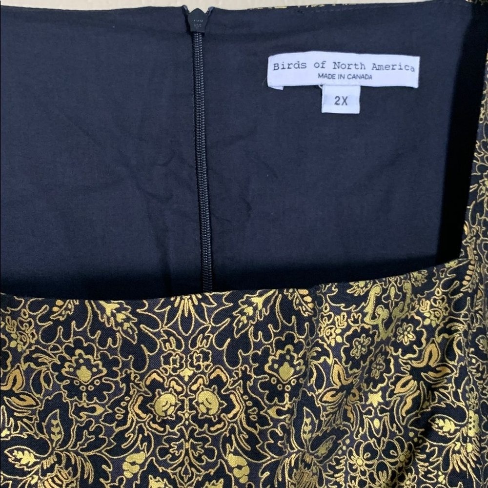 Birds of North America Midi Dress Womens 2X Gold Black Brocade Puff Sleeve New - Picture 5 of 11